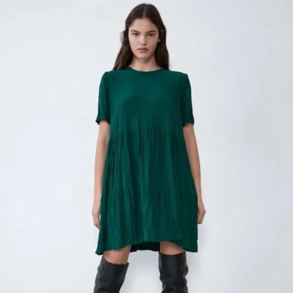 Zara Wrinkle Look Babydoll Tiered Dress Teal Size Small